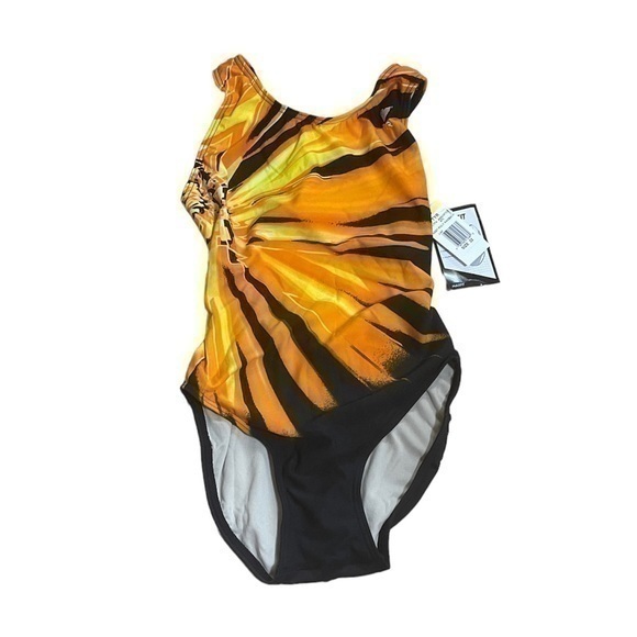 TYR Woman’s Maxfit One Piece Swimsuit - Black Orange Yellow - Size 32 (S) - NWT - Picture 1 of 8